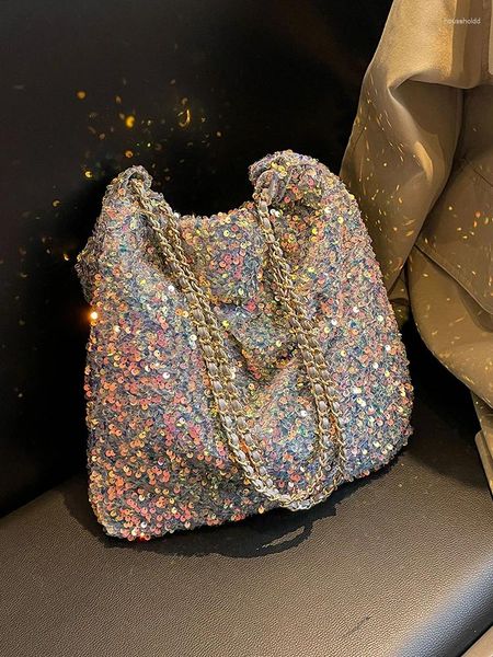 Sacs à main seau à paillettes et cordon de serrage pour femmes, fourre-tout sous les bras, fourre-tout à la mode avec chaîne brillante, épaule, fête de bal, 2024