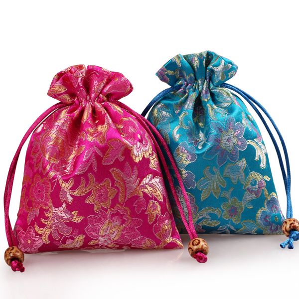 Bolsa de satén de seda pequeña con cordón, bolsa de joyería, bolsas de recuerdo de fiesta de boda de alta calidad, bolsita de embalaje de regalo Floral, 3 unids/lote