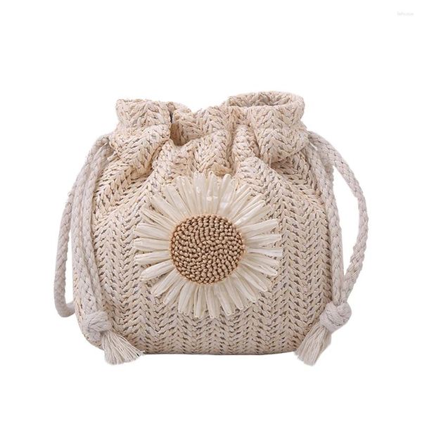 Bolsos de hombro tipo Bombonera de paja con cordón para mujer, bolso cruzado tejido de mimbre con flores, bolso de mano, Mini bolso informal con asa superior