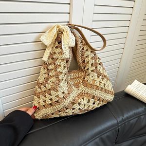 Drawstring Summer Hollow Straw Strandtas Handgemaakt geweven kant Boog Schouder Casual Winkelen Travel Boheemse gevlochten handtas TOTE