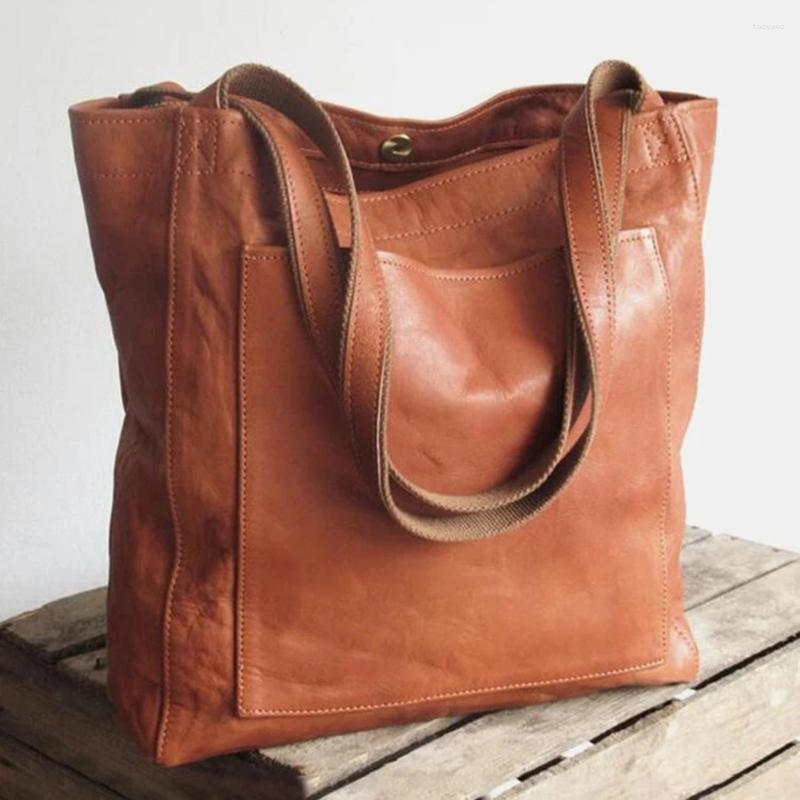 Drawstring Vintage Women Large Bag Soft PU Leather Solid Color Shoulder Casual Business Ladies Gril Tote Handles Handbags