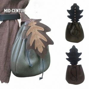 Cordon Taille Sac Médiéval Feuille Tabac Portefeuille Porte-Monnaie En Cuir Vintage Europe Feuille Motif À Lacets Fanny Pack w7RL #