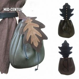 Drawstring taille tas middeleeuwse blad tabak portemonnee portemonnee munt portemonne lederen vintage Europa bladpatroon vatvatpakket c8ku#