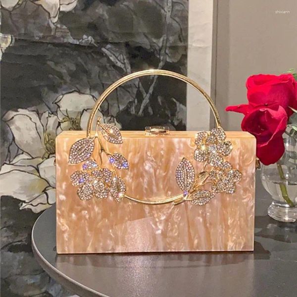 Sac à cordon de cordon en acrylique Boîte d'embrayage Boîte de fleurs en diamant pour la fête de mariage Luxury Gold Green Gold Sac à main