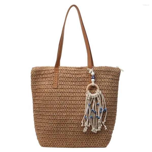 Sac à main de plage en Crochet pour femmes, avec cordon de serrage, tissage de pompons, fermeture à glissière, rétro en paille, sac quotidien d'été pour dames