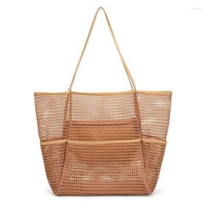 Drawstring vrouwen zwemmen strand mesh tas dames schouder grote capaciteit reisbare opslag stijlvolle multifunctionele handtas