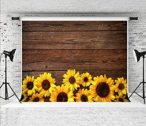 Dream 7x5ft Autumn Sunflowers Wooden Photography Backdrop Brown Board Texture Photo Background for Children Shoot Prop Studio