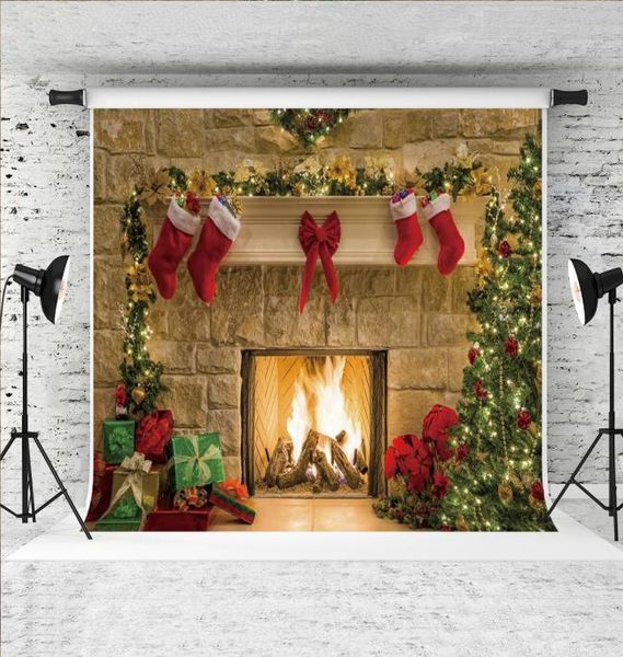 Dream 7 x 5 Fuß Weihnachts-Kamin-Hintergrund, Weihnachtsbaum, Geschenke, Dekor, Fotografie-Hintergrund für Weihnachtsthema, Urlaub, Party, Shooting, Stud1618450