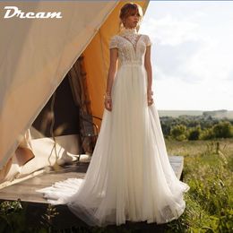 Dream Boho Lace Tulle Tul High Wedding Dress Mangas de la gorra A-Line Bohemia Bohemian GOWN VINTAGE ELEGANT DE MARIEE 240416