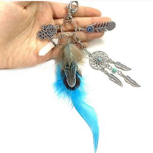 Porte-clés de voiture attrape-rêves, pendentif pompon plume, sac de paume Turquoise