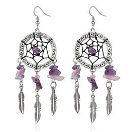 Dream Catcher Drop Earrings Natural Purple Crystal Feather Antique Silver Color Dangle Oorbellen Euro-Amerikaanse sieraden