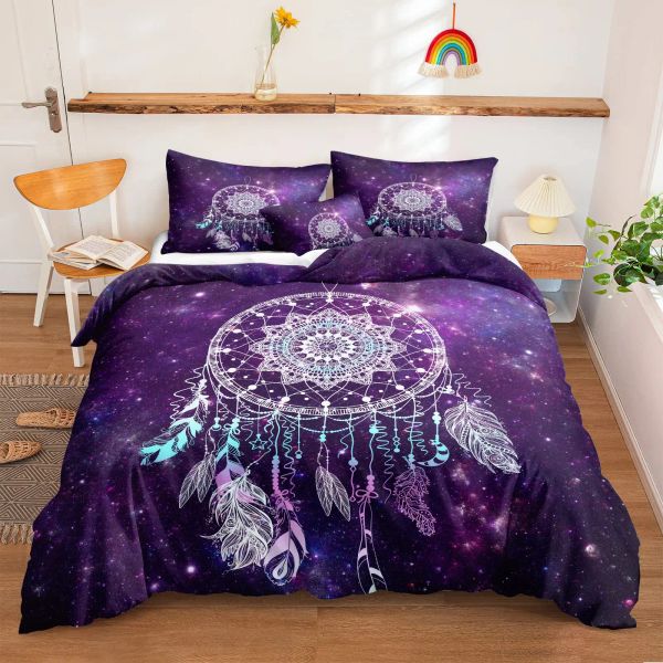 Dream Catcher Drevet Cover Set Purple Liberding Set Chic Boho Mandala Floral Feather Design Galaxy Counter Cover Set Queen Size