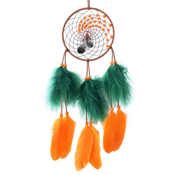 Ratcher de rêve Green Goose Feather et Plume de dinde orange, cuir naturel, porteuse de rêve fait à la main pour décoration de dortoir 1221234