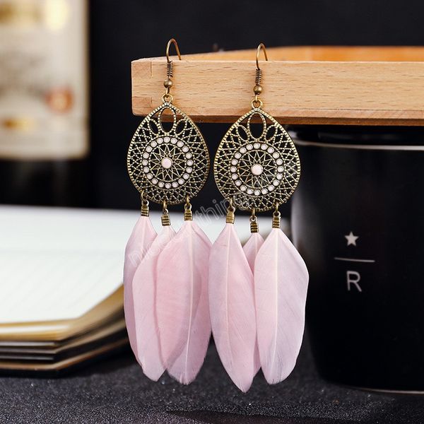 Dream Catcher Rouge Feather Tassel Boucles d'oreilles Femmes Fashion Eau Drop Bijoux Vintage Ethnique Long Long Hollow Boucles d'oreilles Cintres