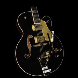 HollowBody Black Falcon Jazz Elektrische Gitaar Double F-gaten, Gouden Sparkle Body Binding, Bigs Tremolo Bridge, Imperial Tuners