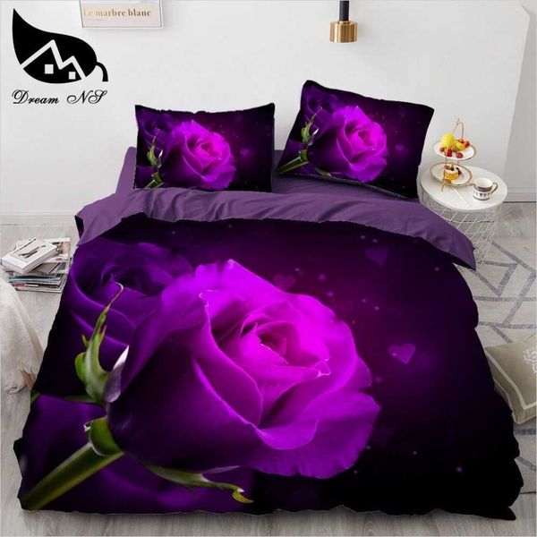 Dream NS nuevos juegos de cama 3D estampado reactivo flores rosas púrpuras patrón funda de edredón juego de cama H0913233M