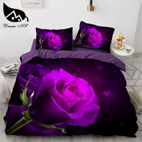 Dream NS nuevos juegos de cama 3D estampado reactivo flores rosas púrpuras patrón funda de edredón juego de cama H0913287p