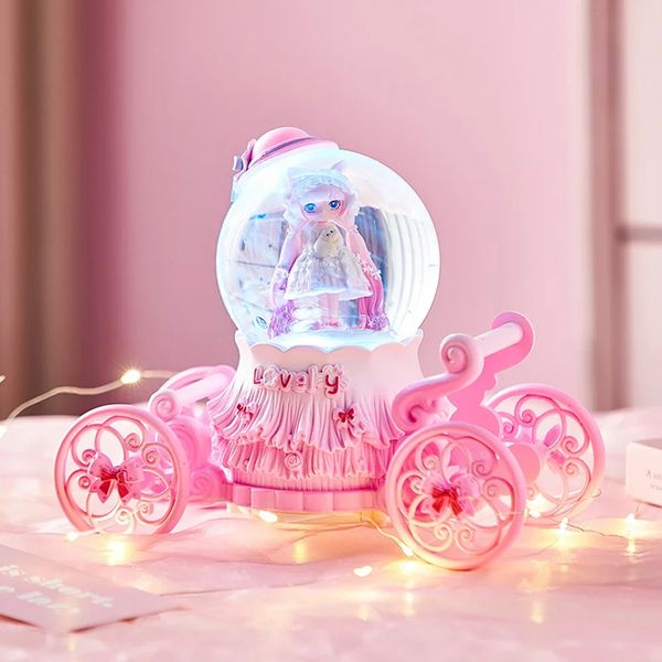 Rêve princesse petite fille citrouille chariot boule de cristal boîte à musique flottant neige artisanat mignon cadeau d'anniversaire pour enfants 240314