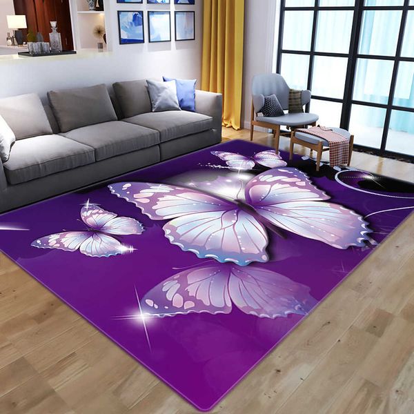 Dream Purple Butterfly patrón Alfombras para sala de estar Dormitorio Alfombras Habitación infantil Alfombra de juego Dibujos animados 3D Impresión Niños Juego Mats 210626