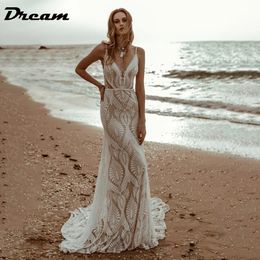 Dream Sexy Lace V Neck Beach Sirène Roches de mariée 2023 Spaghetti Stracts sans manches Verstidos sans dossier de Bridal de Novia 240329