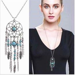 dream Vintage catcher collier pompon plume turquoise style bohème long chandail chaîne charme bijoux cadeaux de Noël 12pcs1920