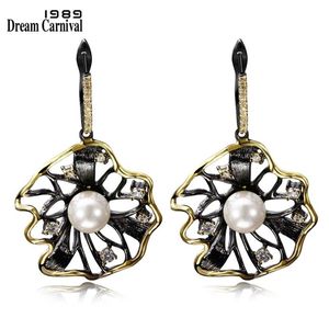 DreamCarnival 1989 Lotus Flower Earrings Hollow Created Pearl CZ Black Gold Color Hip Hop Pendientes Tipo Gota Fearties Jewelries 2213d