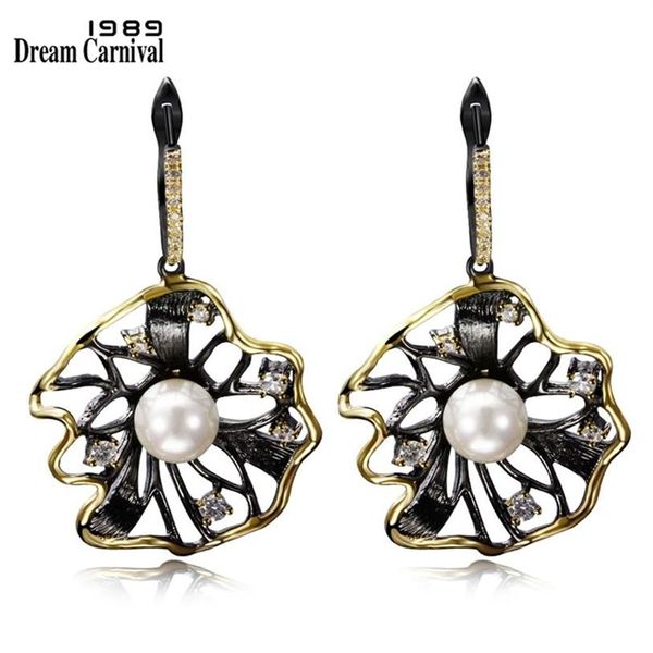 DreamCarnival 1989 boucles d'oreilles fleur de Lotus creux créé perle CZ couleur or noir Hip Hop Pendientes tipo gota fêtes bijoux 2252T