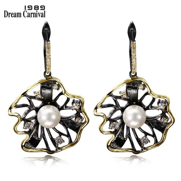 DreamCarnival 1989 boucles d'oreilles fleur de Lotus creux créé perle CZ couleur or noir Hip Hop Pendientes tipo gota fêtes bijoux 23422