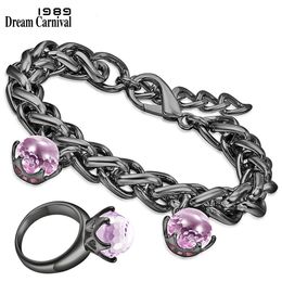 DreamCarnival1989 ensemble de bijoux noir rose pour femmes bracelet à breloques en tissage épais n bague solitaire cadeau d'amour saint-valentin BR11498PKS2 240118