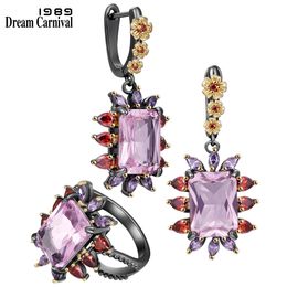 DreamCarnival1989 Conjunto de joyería llamativa para mujer, anillos, pendientes, circonita rosa, fiesta de boda, moda llamativa ER4035S2 240118