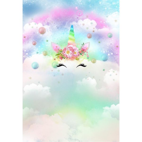Onirique nuage arc-en-ciel licorne thème fête d'anniversaire toile de fond photographie imprimé fleurs roses nouveau-né bébé enfants Photo Studio arrière-plans