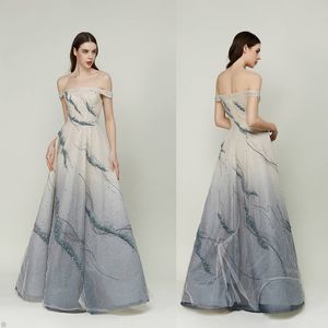 Dromerige A-line prom-jurken off-the-shoulder mouwloze vloerlengte kanten appliques pailletten beading ruche beroemdheid sexy avondjurken plus maat op maat gemaakte b5031