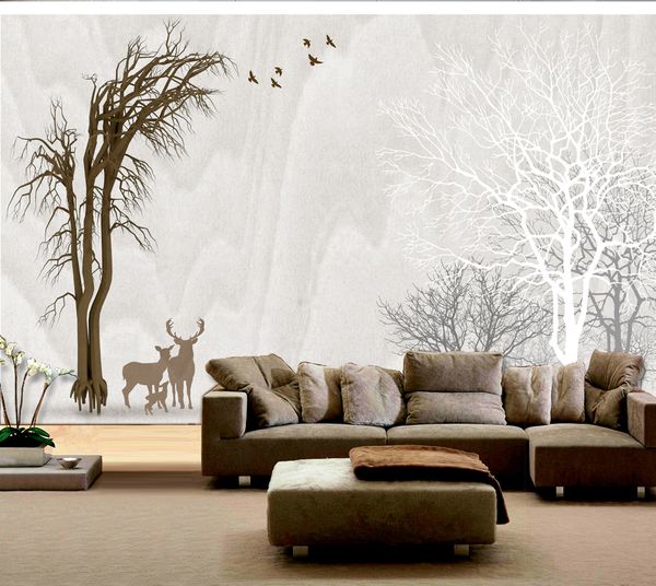 Papier peint naturel décoratif de mur de salon de cerf de forêt d'hiver magnifique de rêve