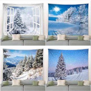 Tapis mural de paysage d'hiver de rêve, pins de neige, forêt, coucher de soleil, lueur, arrière-plan de photographie, décoration de chambre à coucher de noël, couverture J220804