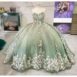 Dree Duty Nettoyale Green Light Quinceanera chérie 3D Floral Applique Perled Tulle Prom Ball Cutom Made Sweet 16 Birthday Party Forme