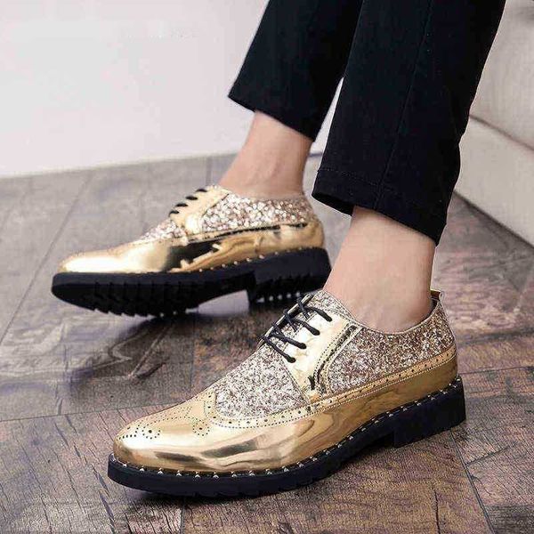 Dres Shoe Nueva marca de lujo Coiffeur Gold Brogue Oxford zapato para hombres vestir italiano zapato de boda formal masculino laca cuero Bling zapatos tacones altos 220723