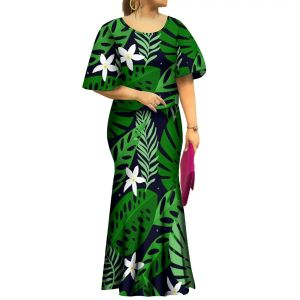 Jurk 1 MOQ Custom Design Polynesian Tribal Design Maxi Fishtail Rok Dames 2-delige set Samoaanse Puletasi Set Print Vleermuismouw Ptaha