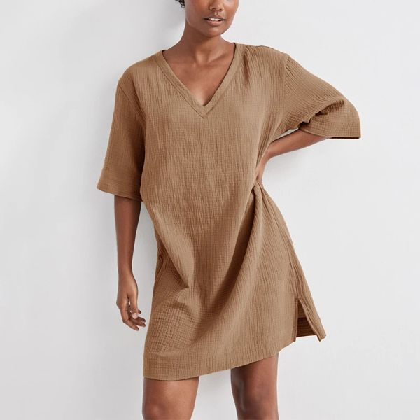 Vestido 100% de gasa de algodón para mujer, vestido Sexy de verano con cuello en V, manga corta, lado abierto, vestidos por debajo de la rodilla, trajes de verano para mujer 2023