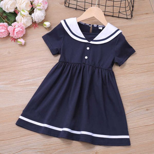 Robe d'été à col bleu marine pour enfants, Costume pour filles, style scolaire, vêtements pour enfants, nouvelle collection 2021, Q0716