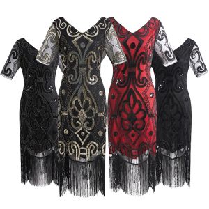 Robe 2021 Femmes Robe de Soirée Robe Femme Années 1920 Great Gatsby Flapper Sequin Fringe Robe Midi Robe Printemps Eté Art Déco Robe Rétro