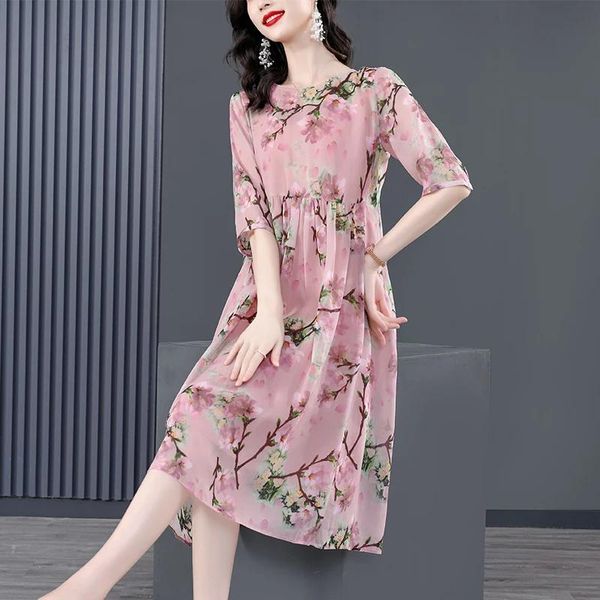 Robe 2022 rose imprimé robe mi-longue en soie naturelle été nouveau élégant taille ample robe de grande taille femmes coréennes Vintage Casaul robe de soirée