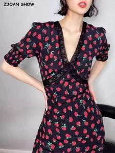 Jurk 2022 Retro Franse stijl gesplitste kant diep v nek zwart rode bloem afdrukken vrouwen midi jurk puff mouw thee -jurken vakantieraad