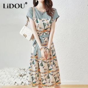 Robe 2022 d'été Coton Soie Élégant Mode Doux Épissé Imprimé Taille Ceinture Robes Femmes Lâche Décontracté Aline Robe Midi Robe Femme