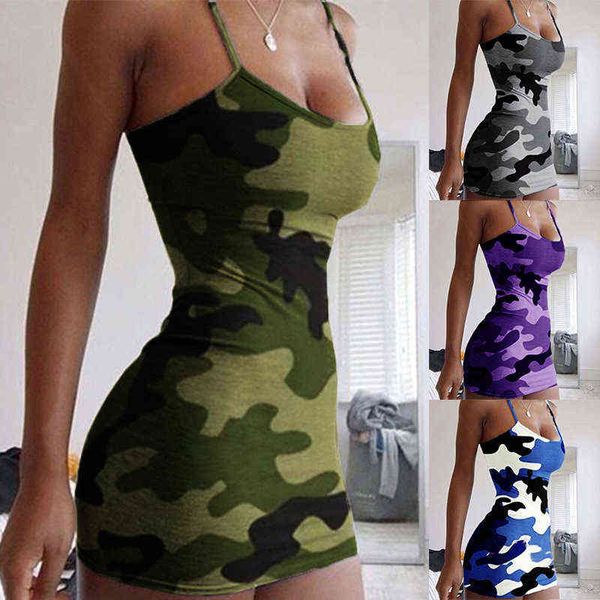 Vestido 2022 novedad de verano moda Sexy Sling sin mangas estampado de camuflaje Vestidos para mujeres corto ajustado flaco vestido femenino Vestidos Y1204