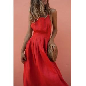 Robe 2022 Été Robe Sexy Creux Femmes Dos Nu Croix Cordon Robes De Plage Sangle Rouge Vintage Robe Femmes Boho Femme Robe