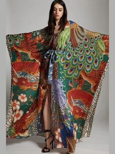 Jurk 2023 Autumn Boheemian Gedrukte Gorde Long Kimono Tunic Vintage Plus Size Kleding voor vrouwen Batwing Sleeve Maxi -jurken A997