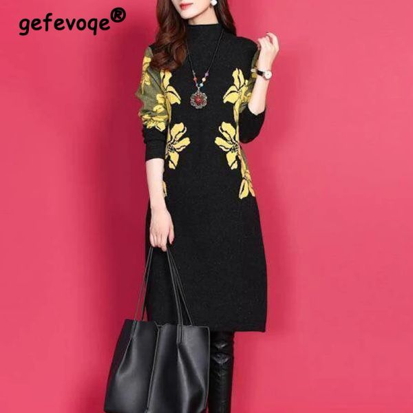 Vestido 2023 Otoño Invierno mujer moda coreana estampado Floral polar grueso sudadera vestido femenino Casual manga larga vestidos Midi sueltos