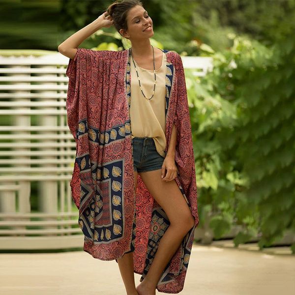 Robe 2023 Brown rétro imprimé Batwing Sleeve Front Open Kimono Plus Femmes Vêtements Vêtements décontractés Tops longs et chemises Q1217