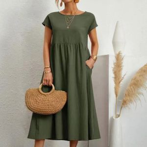 Vestido 2023 nuevo elegante vestido largo de lino de algodón mujeres verano sólido corto manga Midi vestido femenino casual bolsillos vestidos sueltos bata