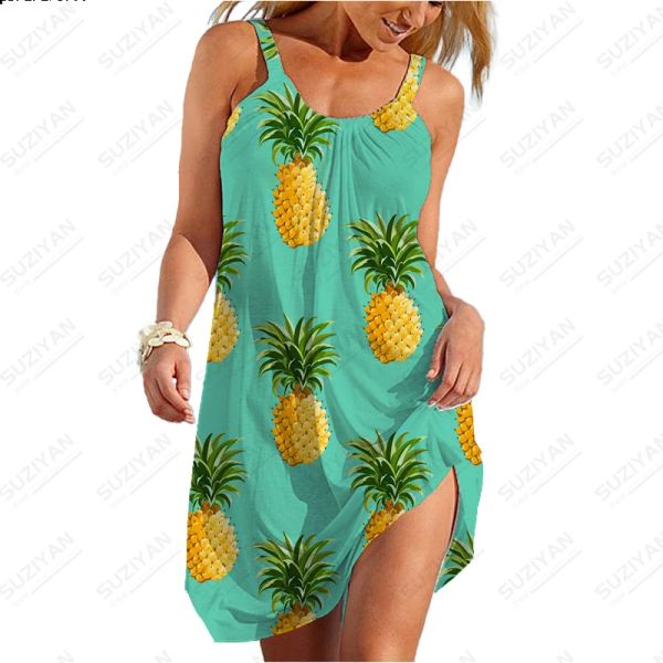 Robe 2023 Nouvelle mode d'été robe de femme Fruit Pineapple 3D Robe de plage imprimée avec cou
